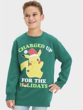 Green Pikachu Holiday Sweatshirt for Kids Kids Large